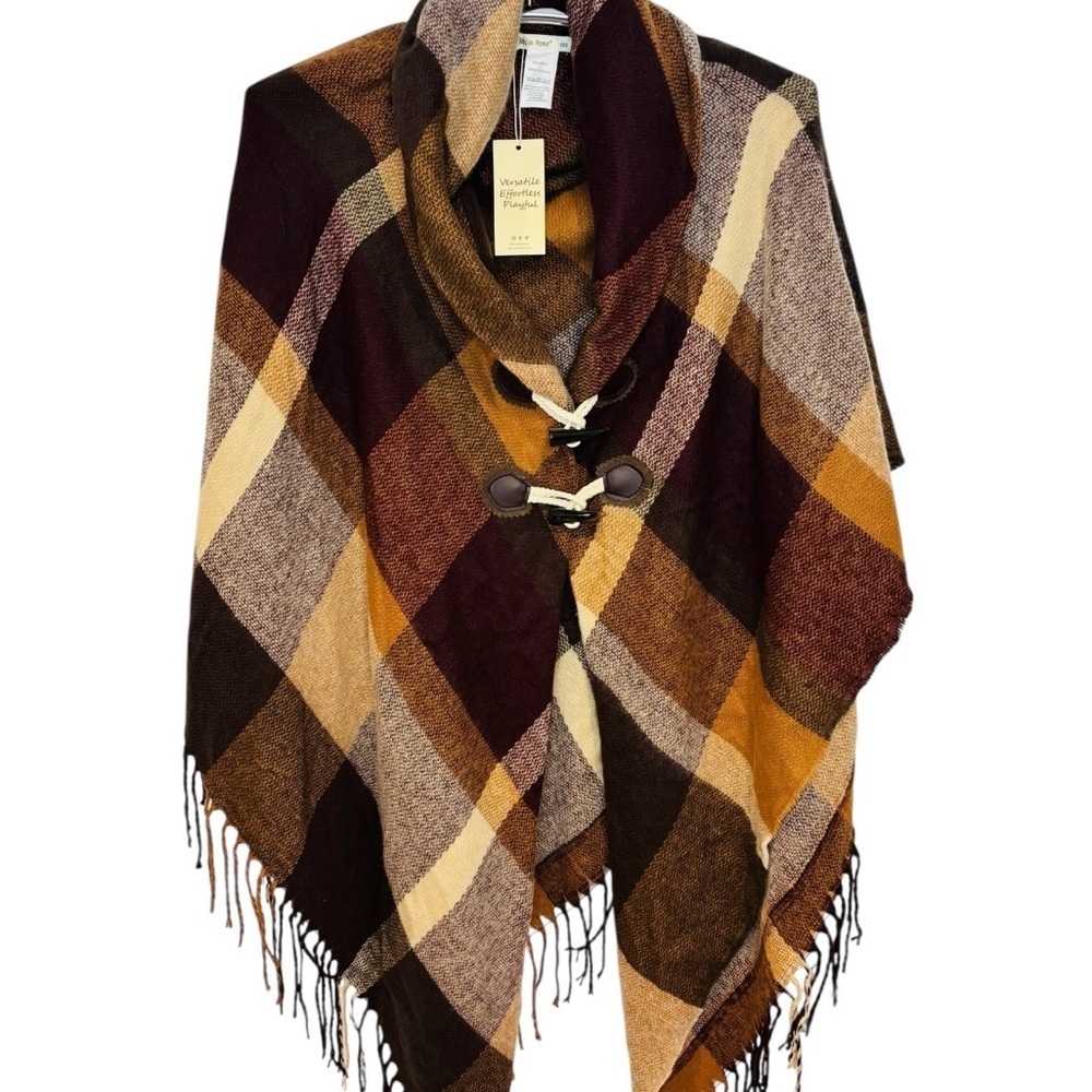 NWT Moss Rose Brown, Tan, and Gold Poncho with Frayed Ends